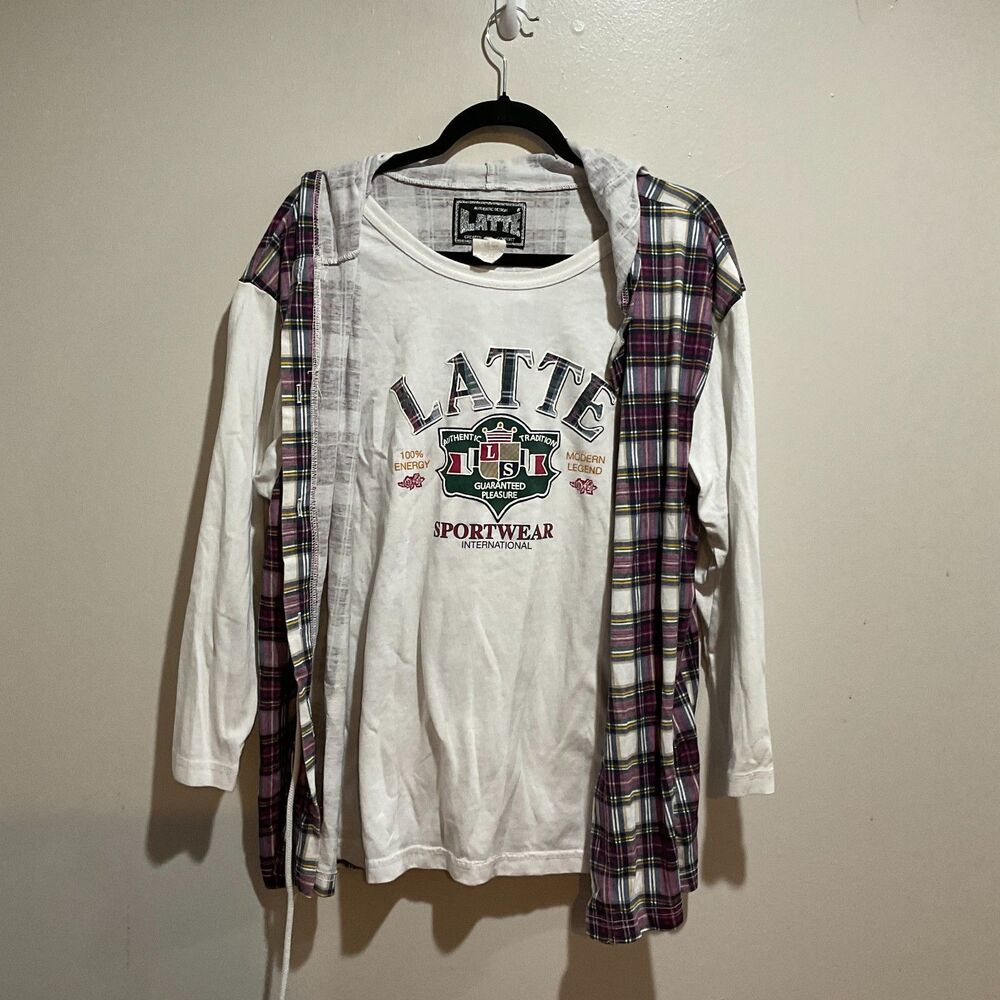 Vintage Latte Sportwear Intl Plaid Hooded Double Layered White Shirt, Large
